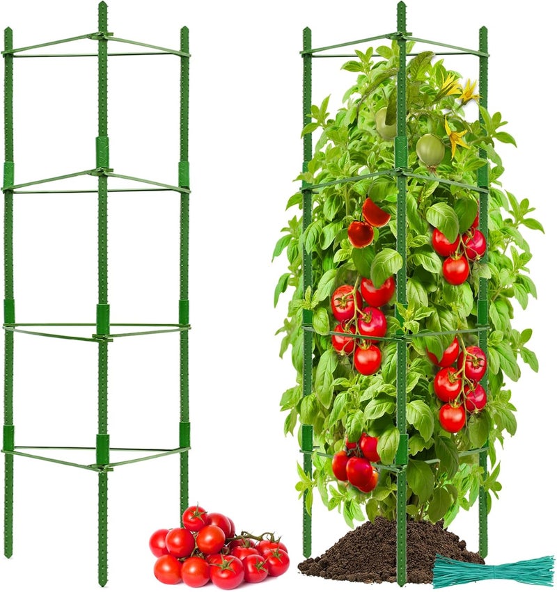 Halatool 2 Pack Tomato Cages for Garden,Up to 63in(5.2FT) Adjustable Tall Tomato Cage,Garden Stakes Tomato Trellis for Pots,Tomato Plant Support for Raised Garden Bed &Vegetables Flowers(Green) - Image 1